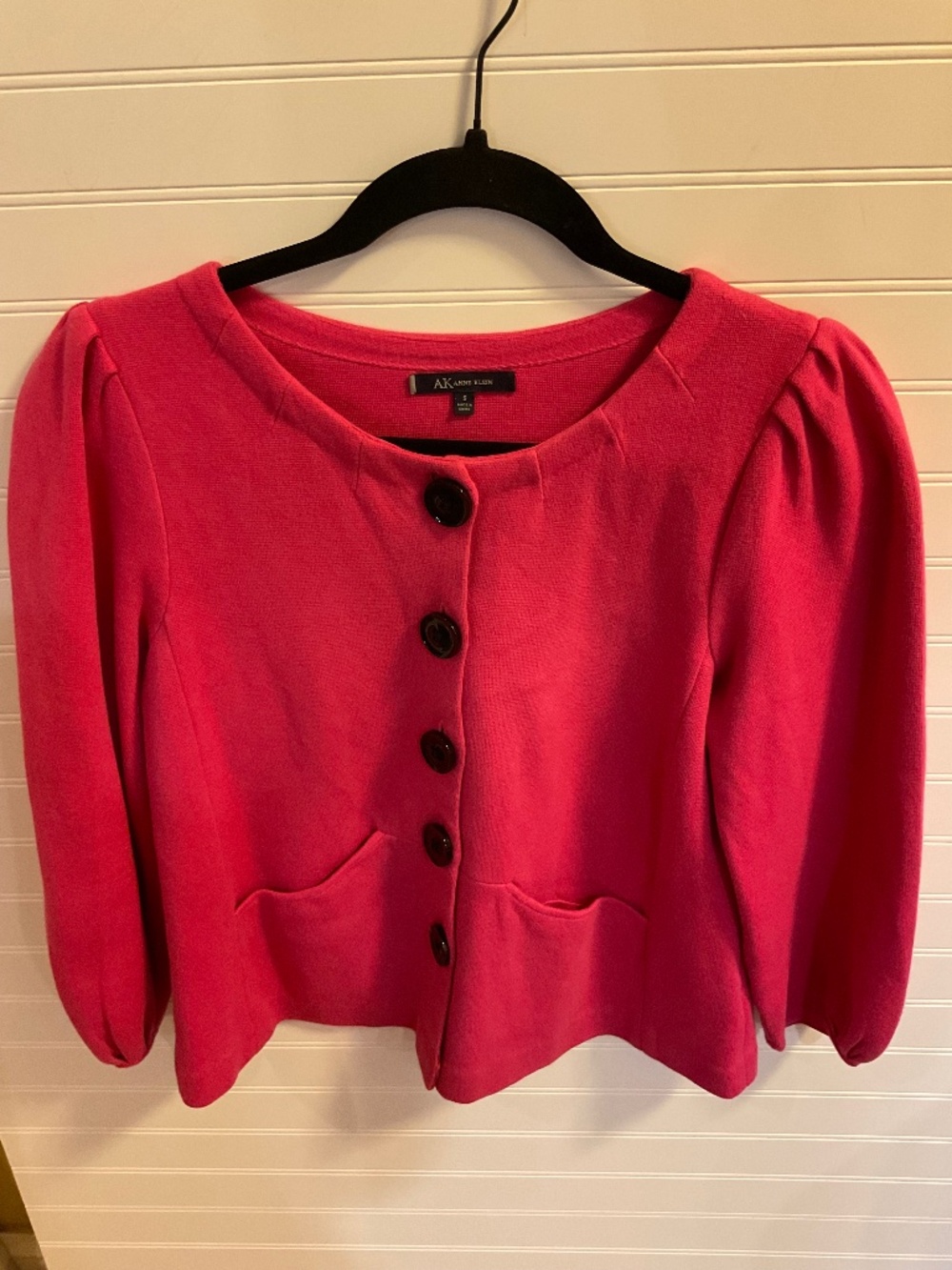AK Anne Klein Hot Pink Knit Cardigan Jacket Black Buttons Women’s Small